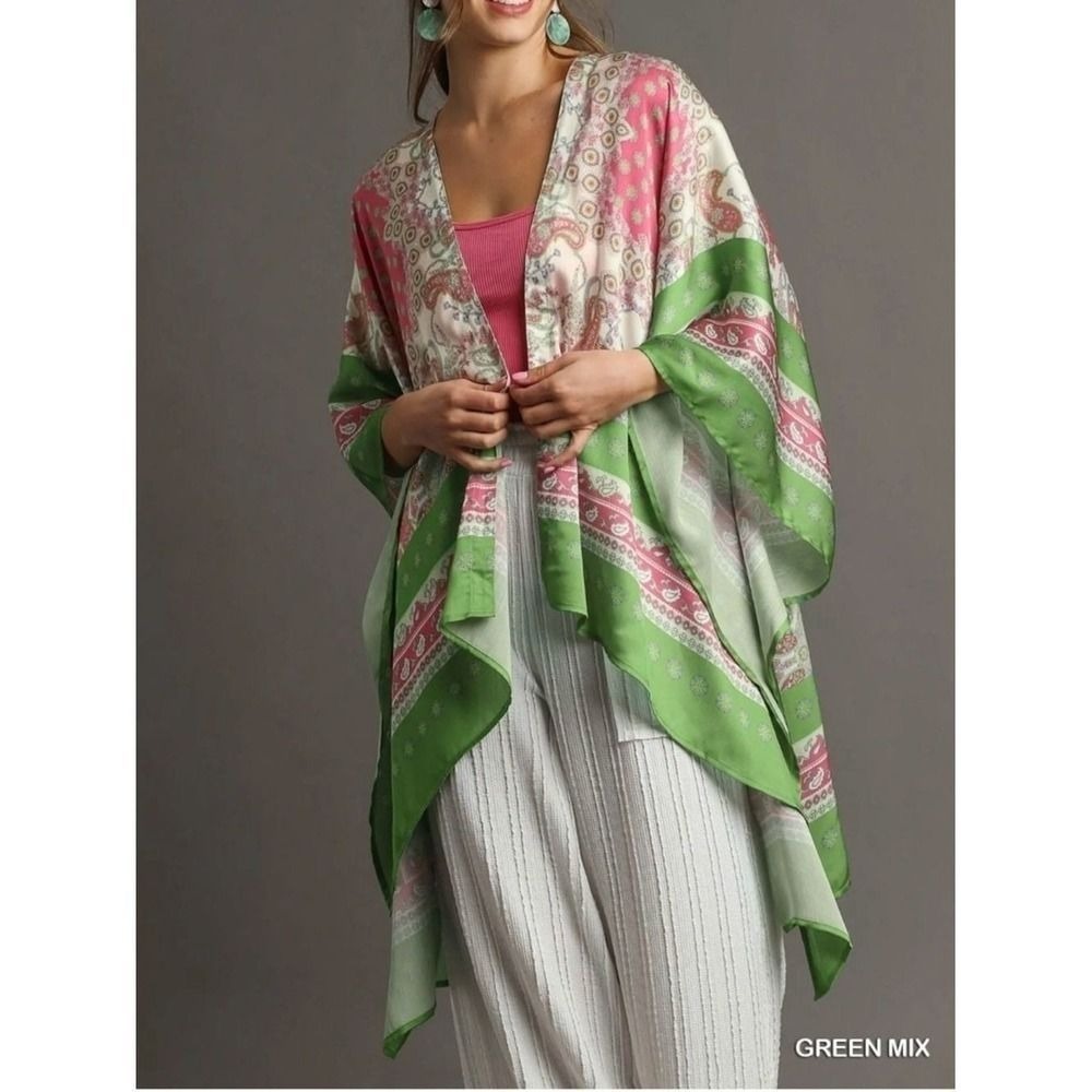 Umgee Floral Print Kimono in Green and Pink‎ Women M/L New With Tags